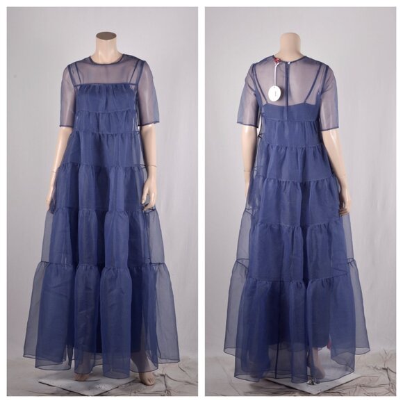 STAUD Hyacinth Short-Sleeve Tiered Organza Maxi Dress Navy - Picture 3 of 4